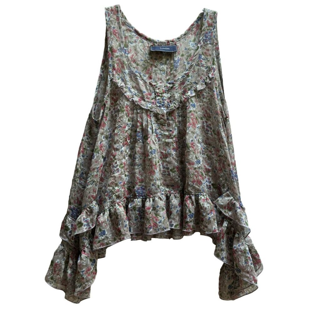 Lumière Floral Ruffle Asymmetric Hem Sheer Sleeveless Pullover Top Feminine Sz M